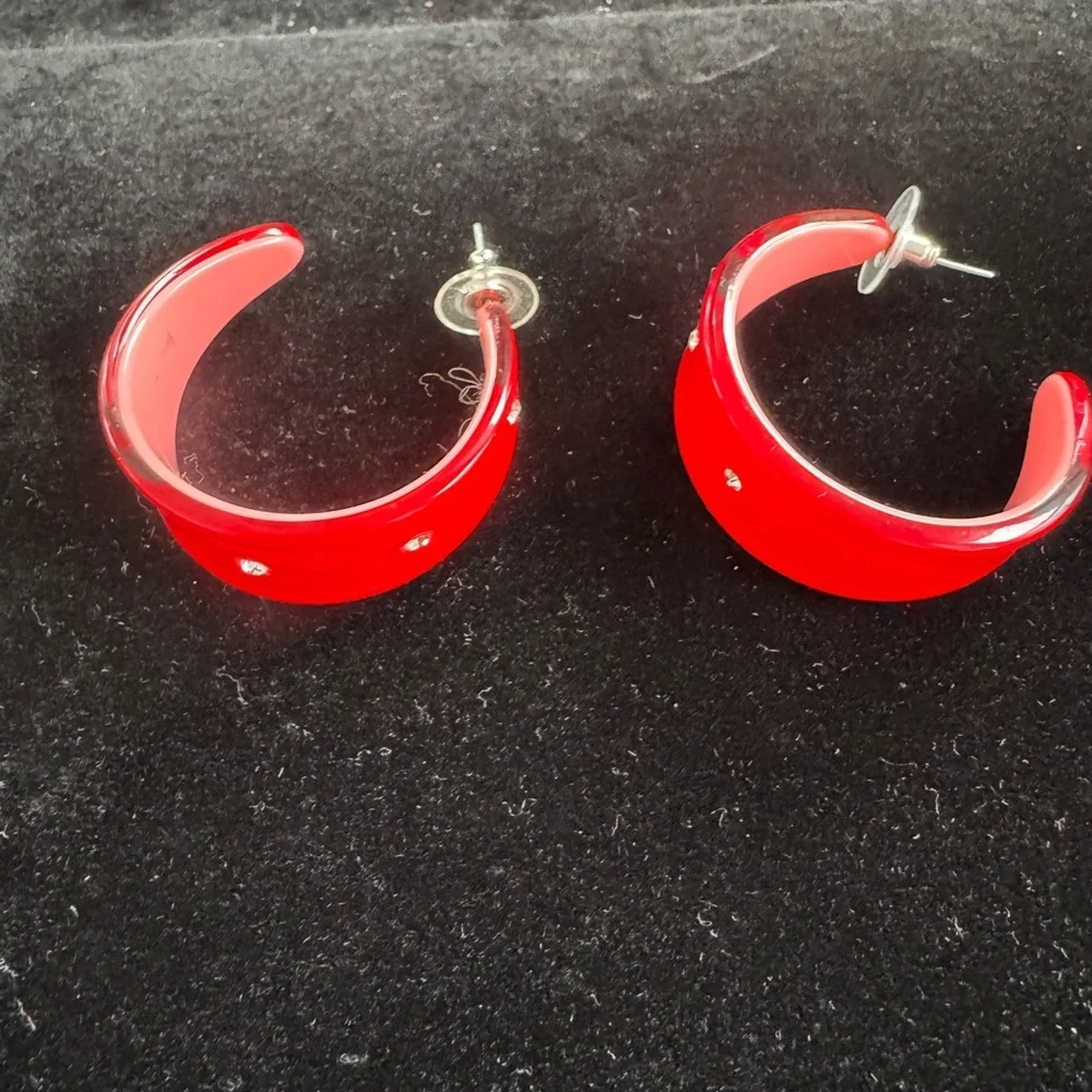 Vintage Retro 90s Red and Pink Studded Chunky Hoop Y2K Earrings